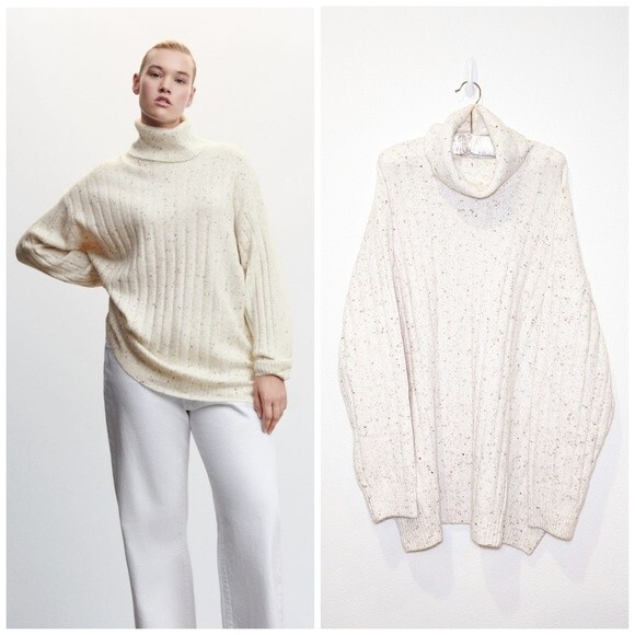 NWT Mango Wool Blended Turtleneck Sweater Plus Size in Ecru - Picture 1 of 13